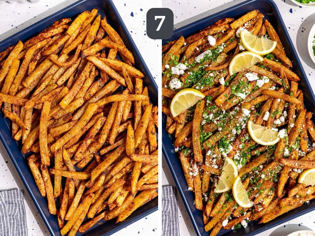 Loaded greek feta fries step 7 - place on a tray and add the toppings.