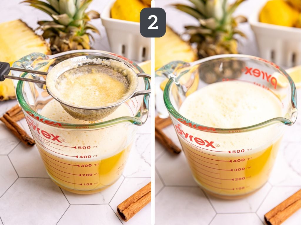 Pineapple cinnamon wellness shots step 2 - strain and bottle.