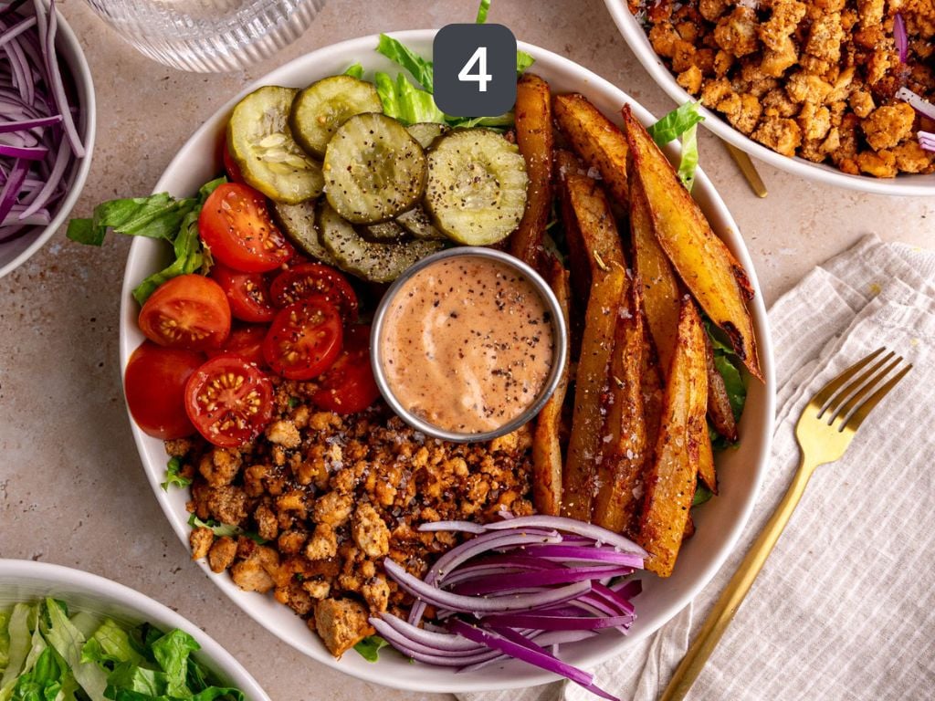 Vegan burger bowls step 4 - assemble the bowls