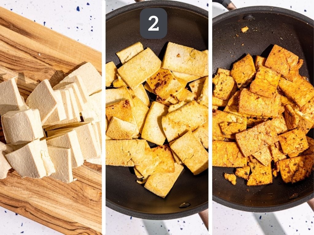Vegan Gyros Step 2 - pan-cook the seasoned tofu.