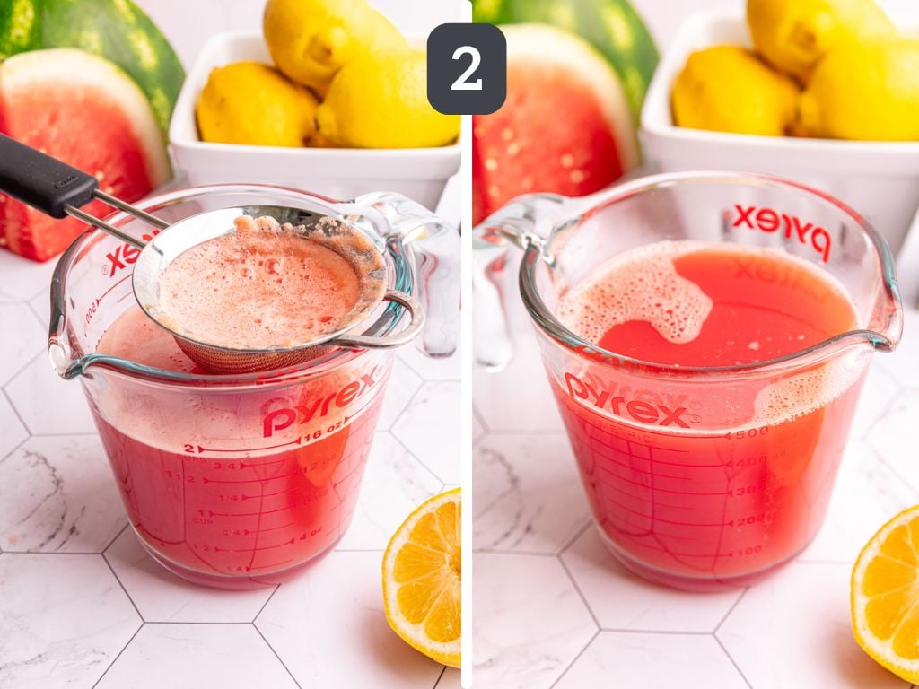 Watermelon ginger wellness shots step 2 - strain and bottle.