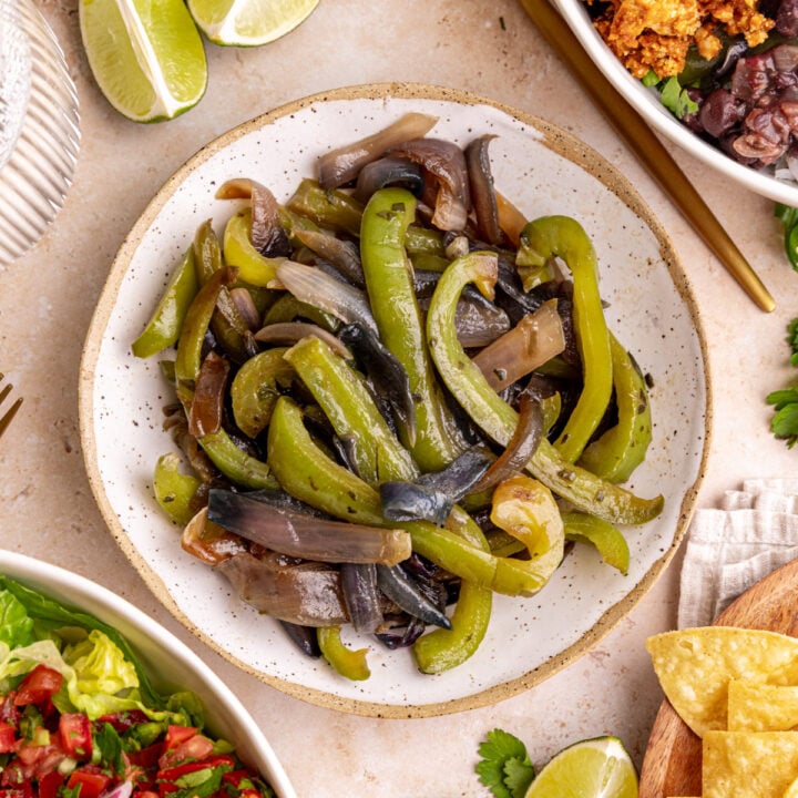 A bowl of homemade chipotle style fajita veggies.