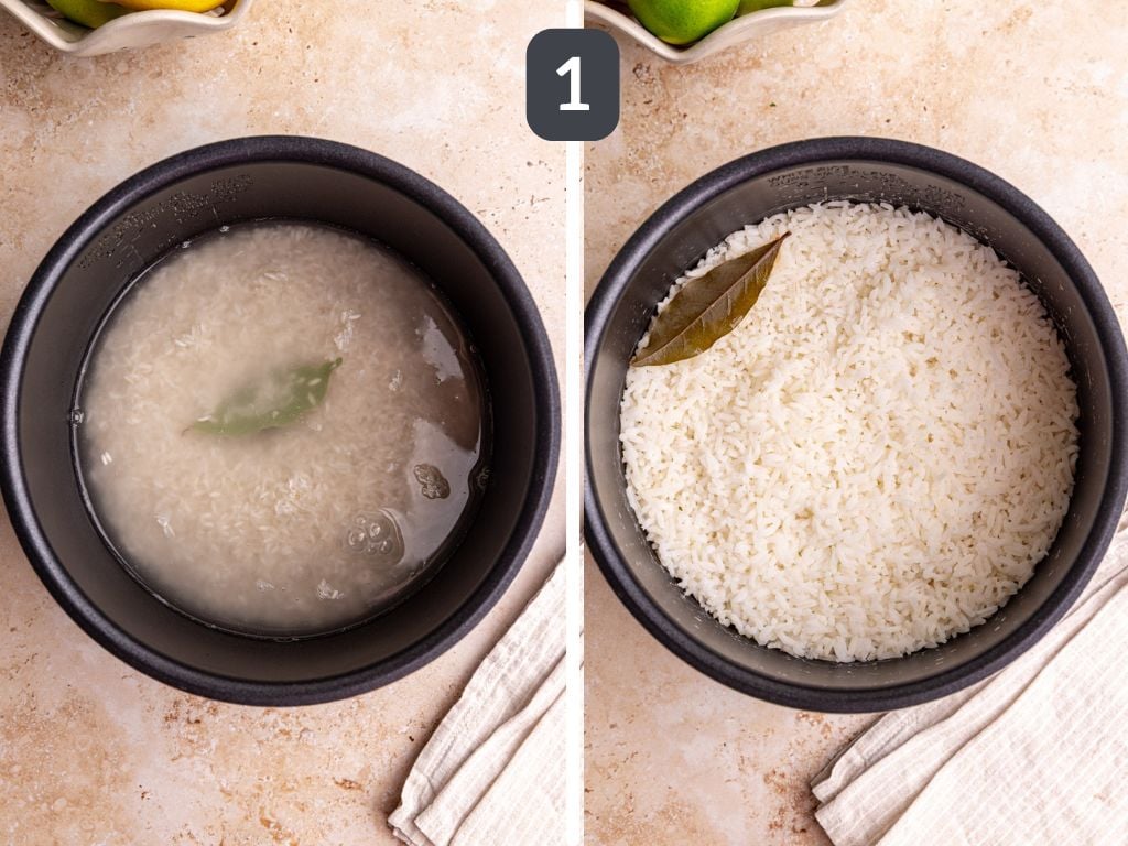 Cilantro lime rice step 1 - cook the rice with the bay leaf.