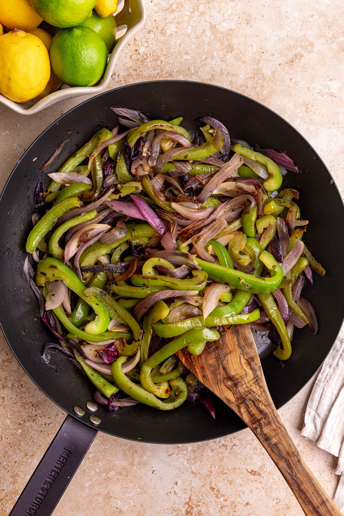 A pan of homemade chipotle style fajita veggies.