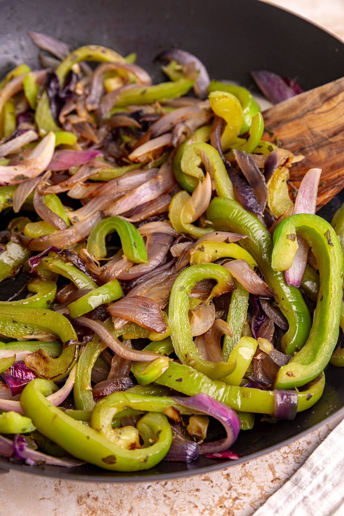 A pan of homemade chipotle style fajita veggies.