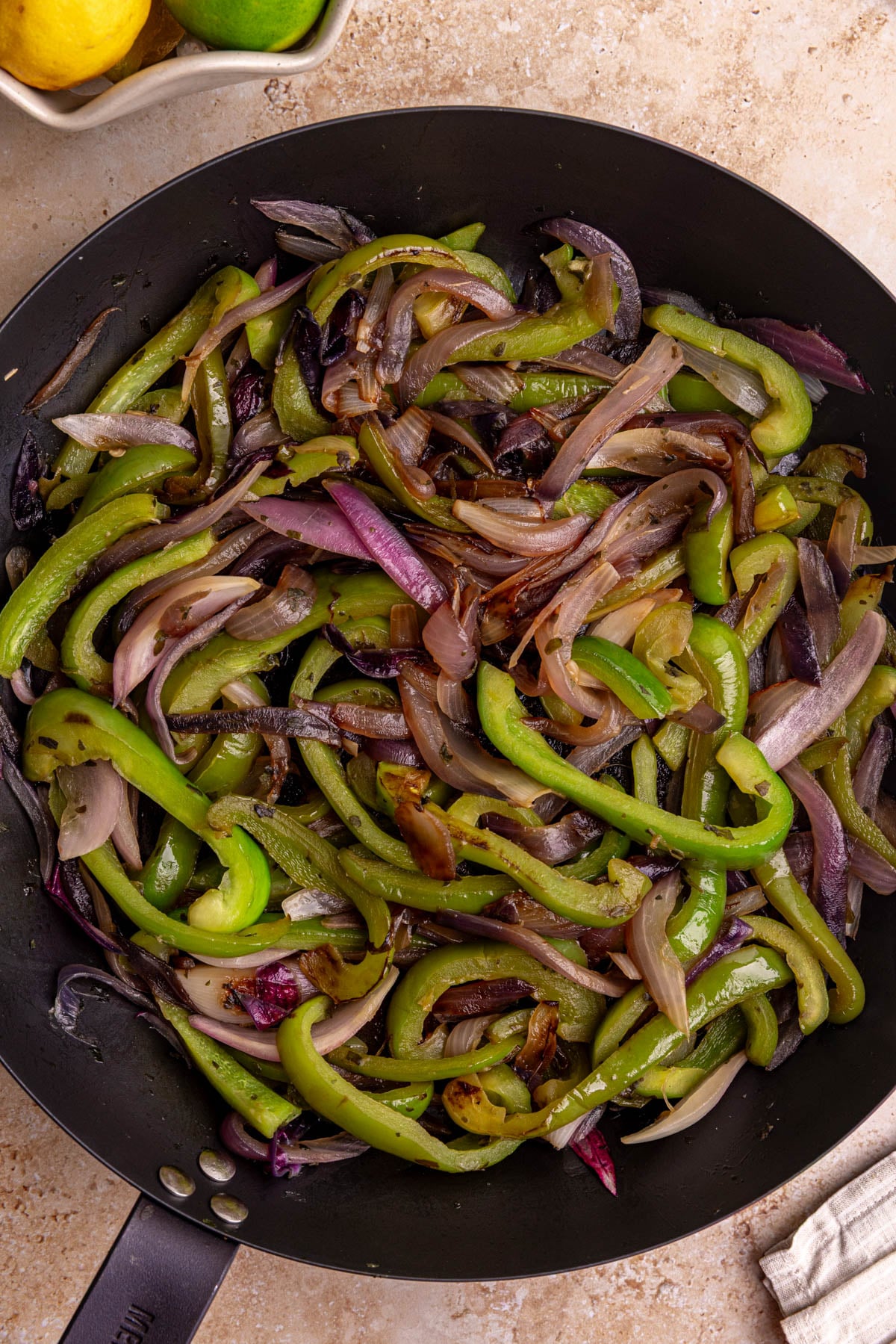 A pan of homemade chipotle style fajita veggies.