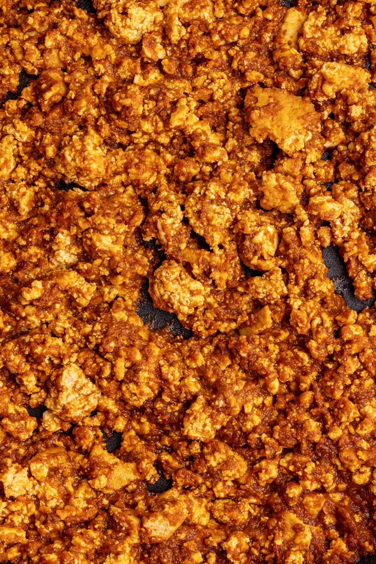 A close up view of the crumbly texture of homemade sofritas.