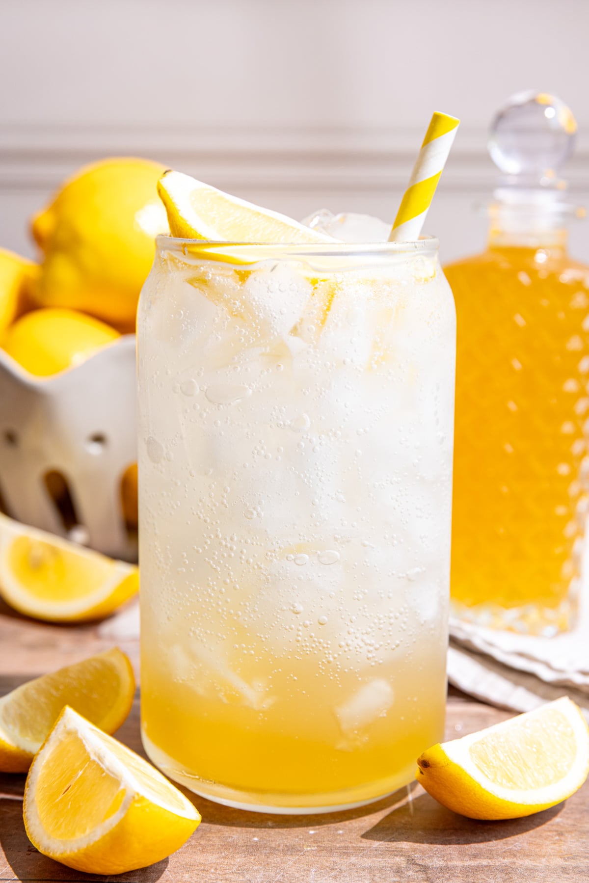 A glass of homemade lemon cream soda.