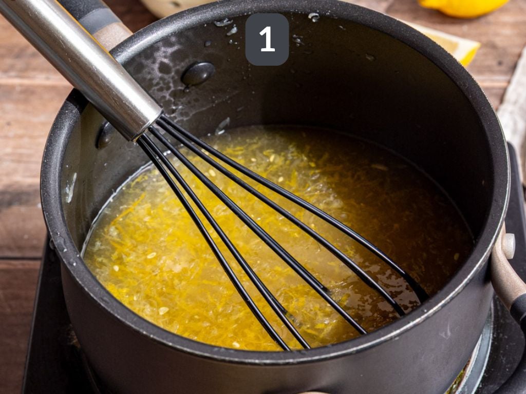 Homemade Lemon Cream Soda Step 1 - heat the water, sugar, lemon juice & zest.
