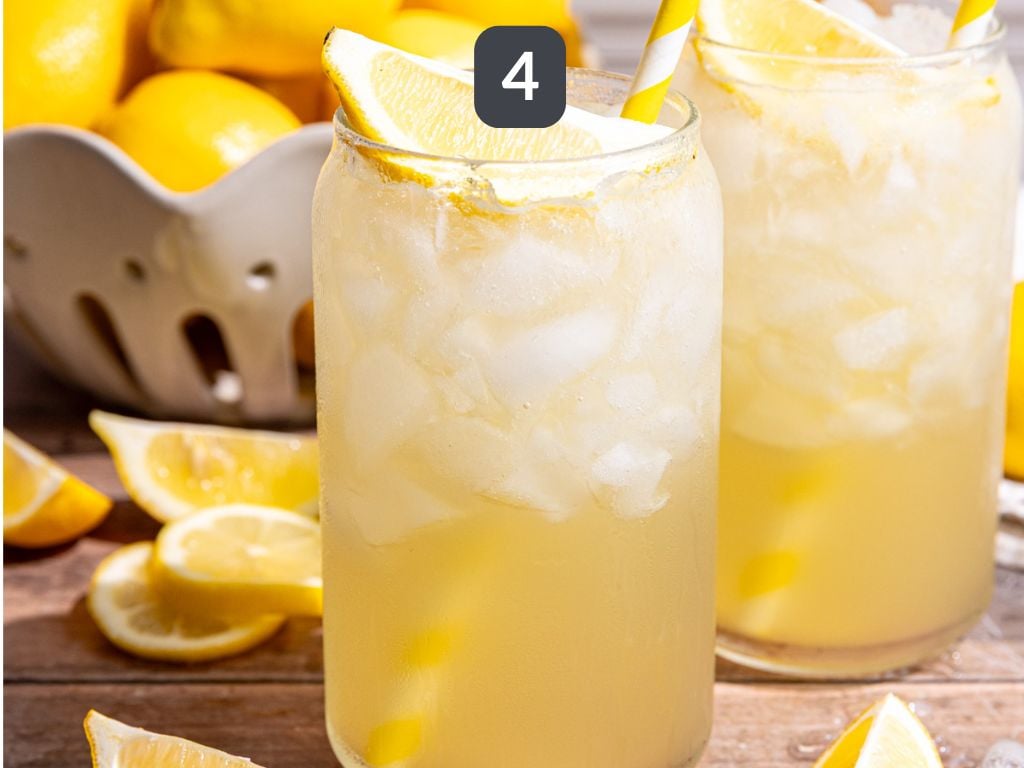 Homemade Lemon Cream Soda Step 4 - serve the syrup over ice, topped with sparkling water.