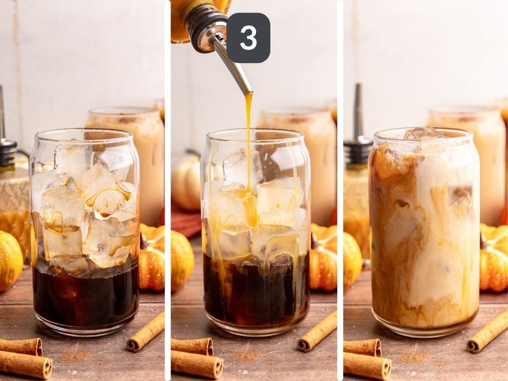 Starbucks-Style Pumpkin Spice Latte Step 3 - add espresso, syrup, then milk.