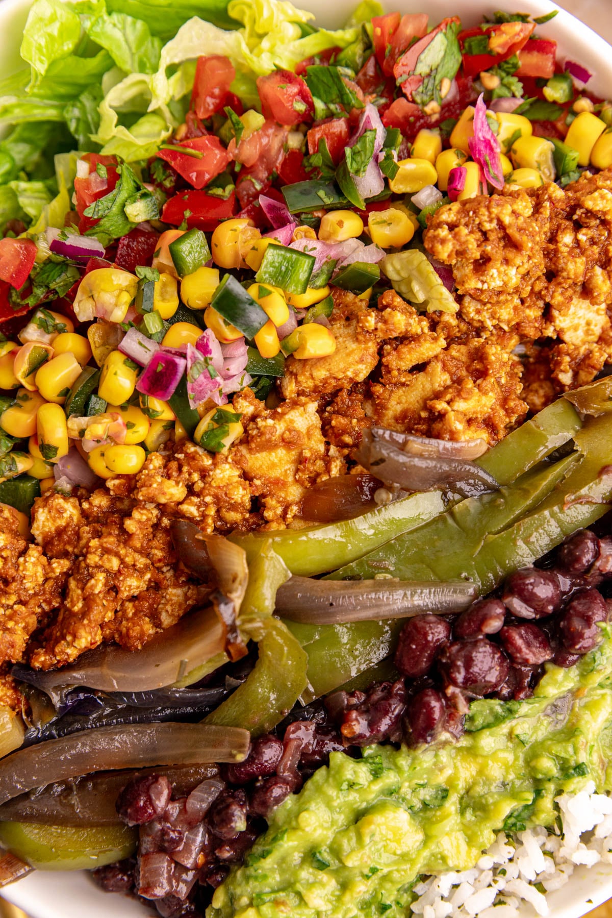 A chipotle-style burrito bowl, with homemade sofritas.