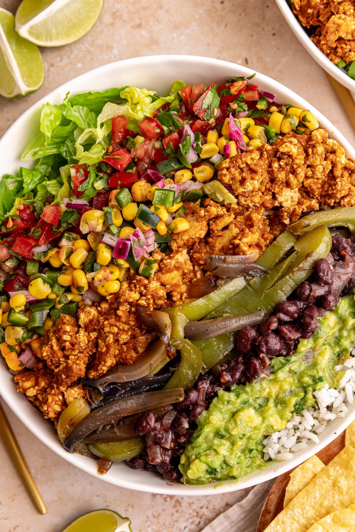 A chipotle-style burrito bowl, with homemade sofritas.
