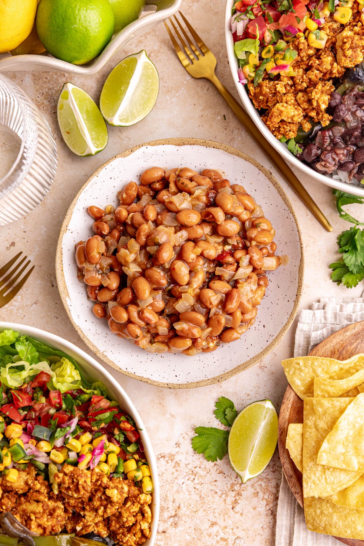 A bowl of homemade chipotle style pinto beans.