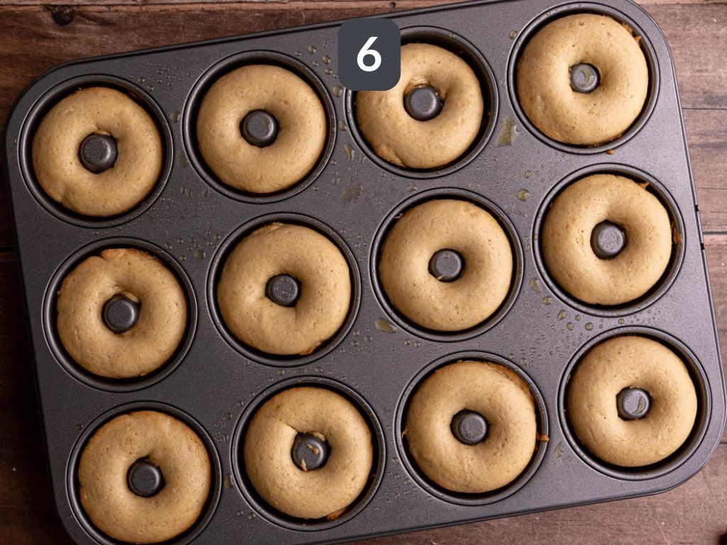 Vegan Cinnamon Sugar Cake Donuts Step 6 - bake, cool slightly, then remove from the pan.