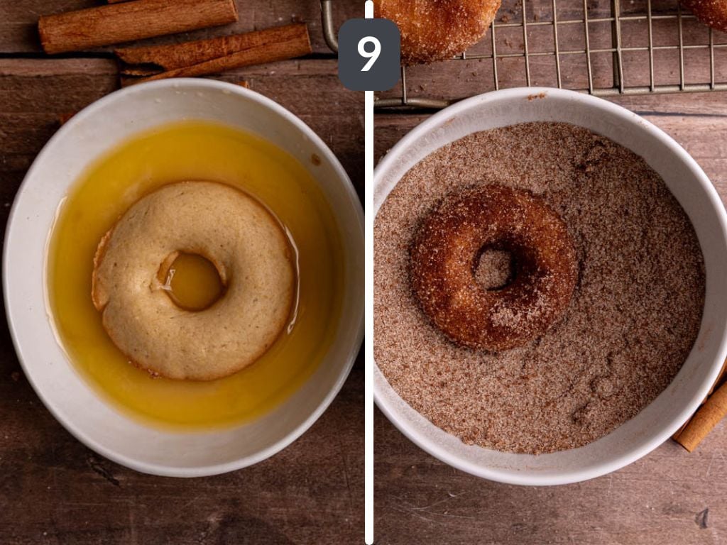 Vegan Cinnamon Sugar Cake Donuts Step 9 - coat each donut briefly in butter, then toss in sugar.