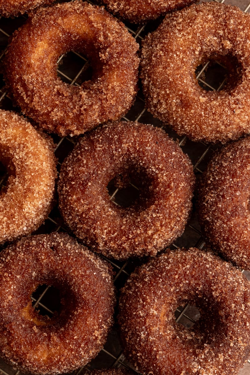A tray of vegan apple cider cake donuts.
