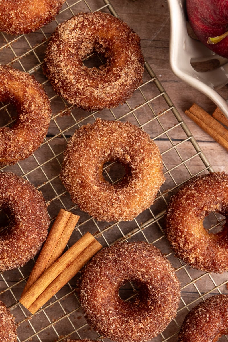 A tray of vegan apple cider cake donuts.