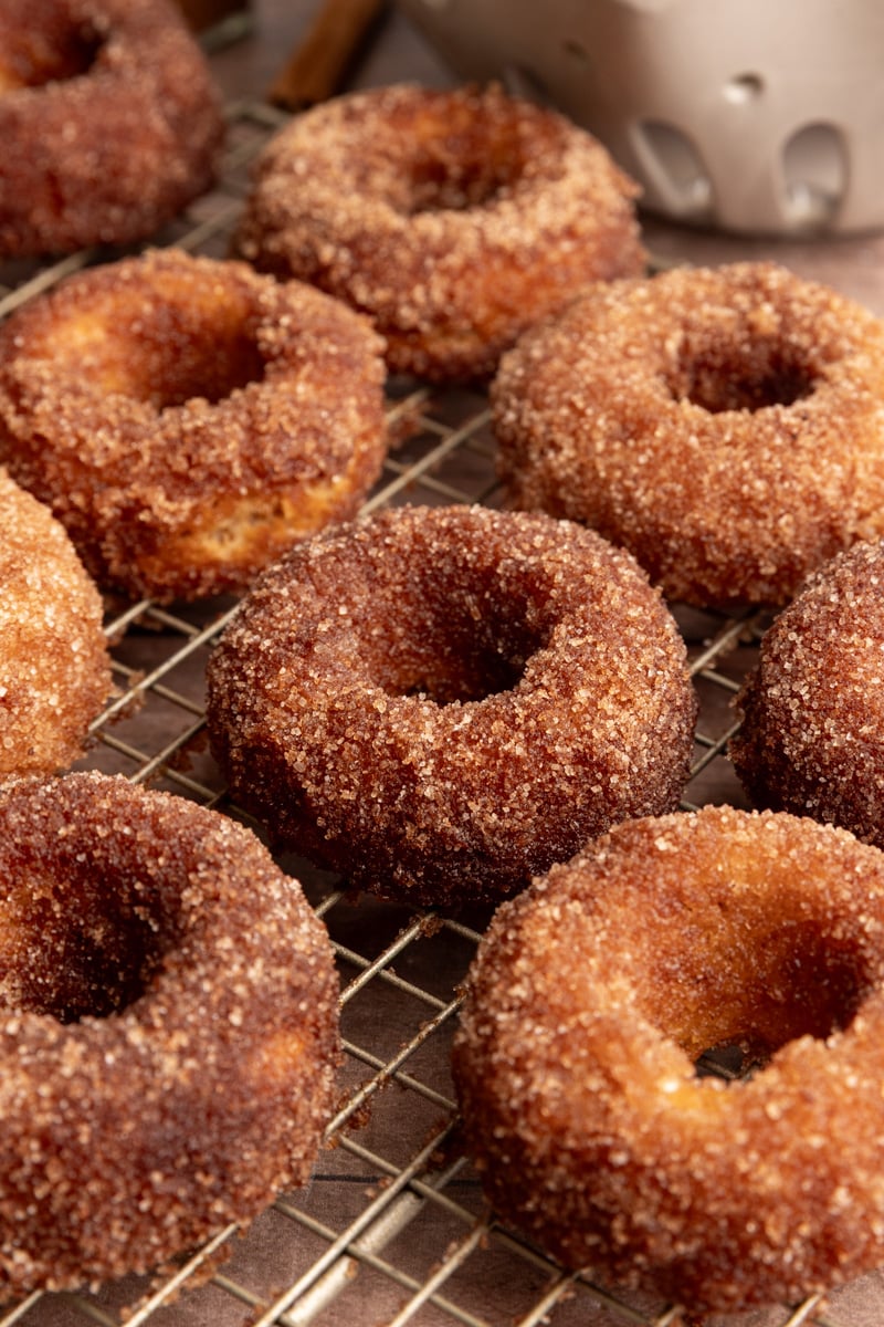 A tray of vegan apple cider cake donuts.