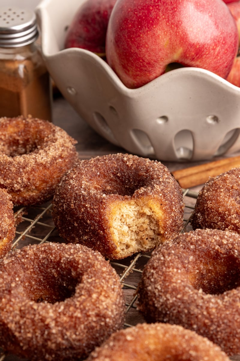 A tray of vegan apple cider cake donuts.