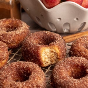 A tray of vegan apple cider cake donuts.