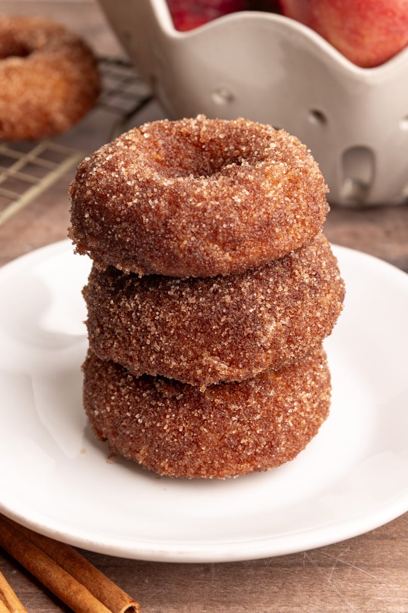 A stack of vegan apple cider cake donuts on a plate.