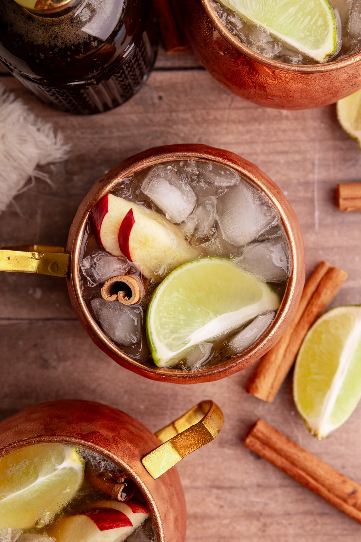 A top-down view of a caramel apple mule mocktail.