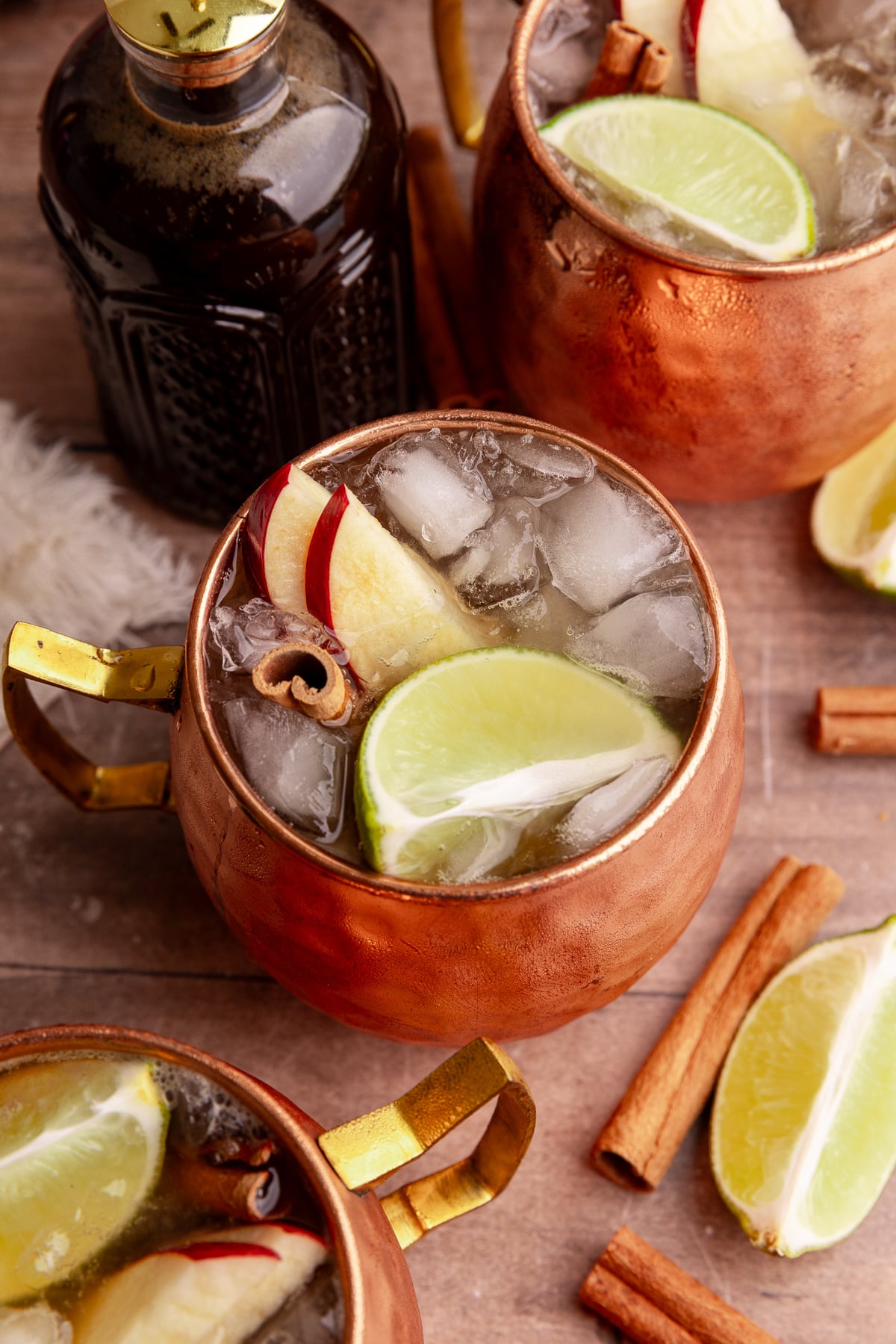 A top-down view of a caramel apple mule mocktail.