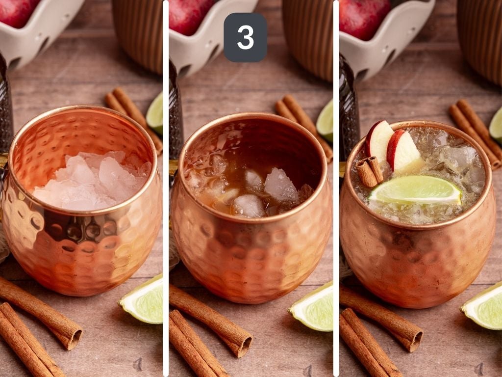Caramel Apple Mule Mocktail Step 3 - pour the mixture over ice and top with ginger beer