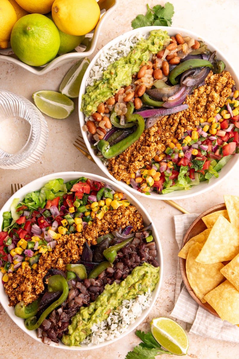 Two homemade vegan chipotle bowls.
