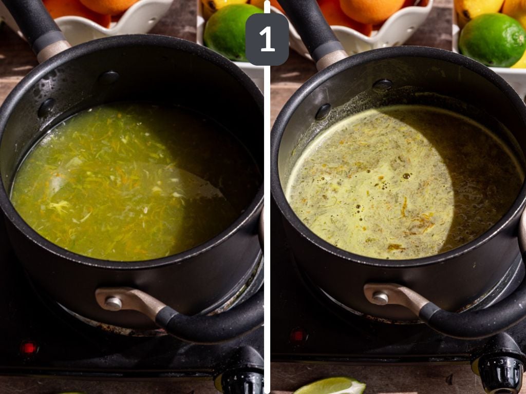 Homemade mountain dew step 1 - heat the sugar, water, and citrus juice