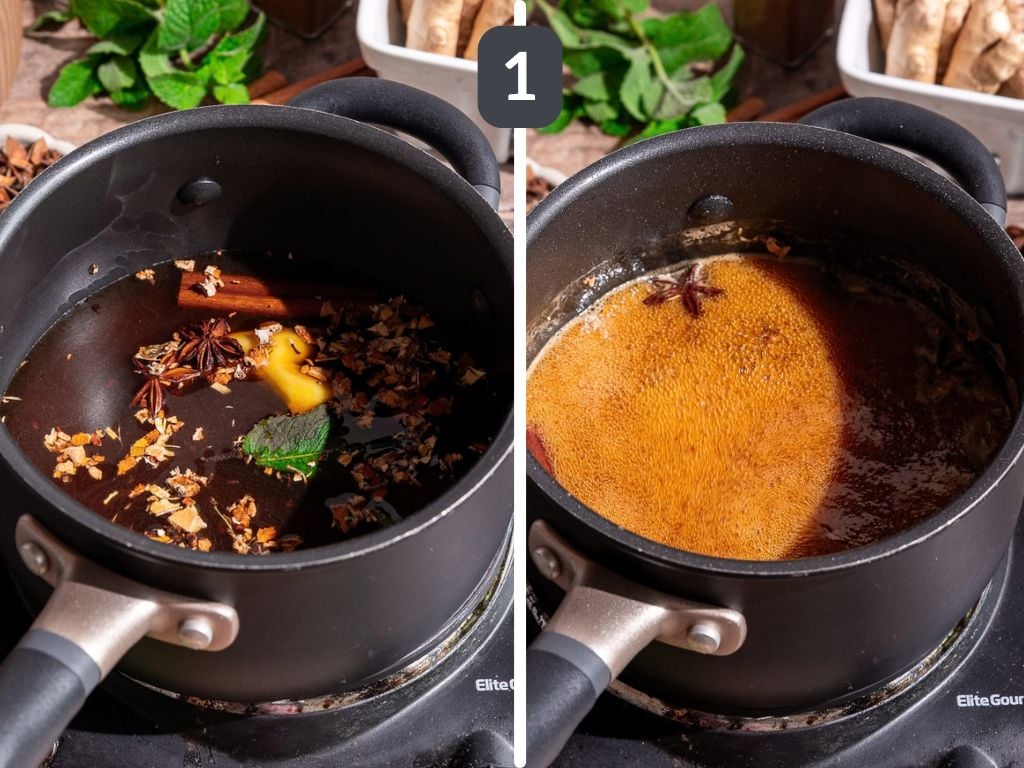 Homemade root beer step 1 - heat all the syrup ingredients in a small pot.