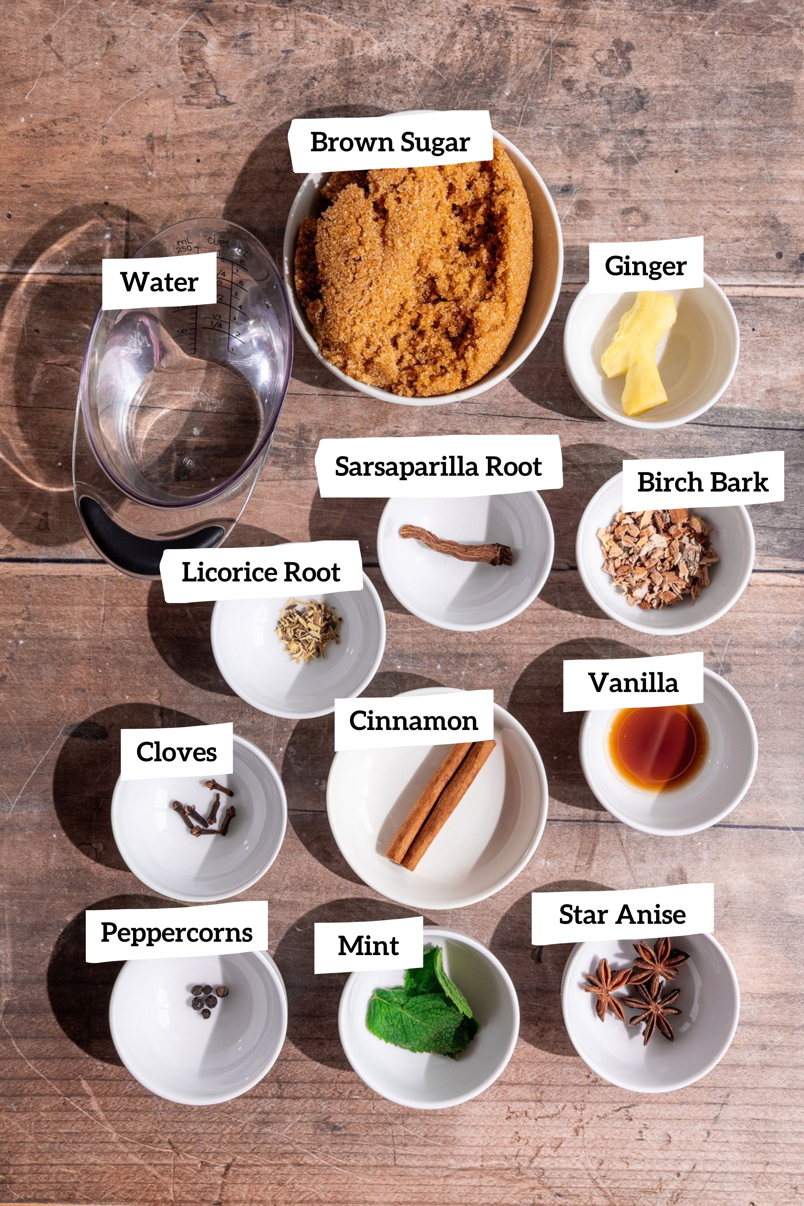 Homemade root syrup ingredients.