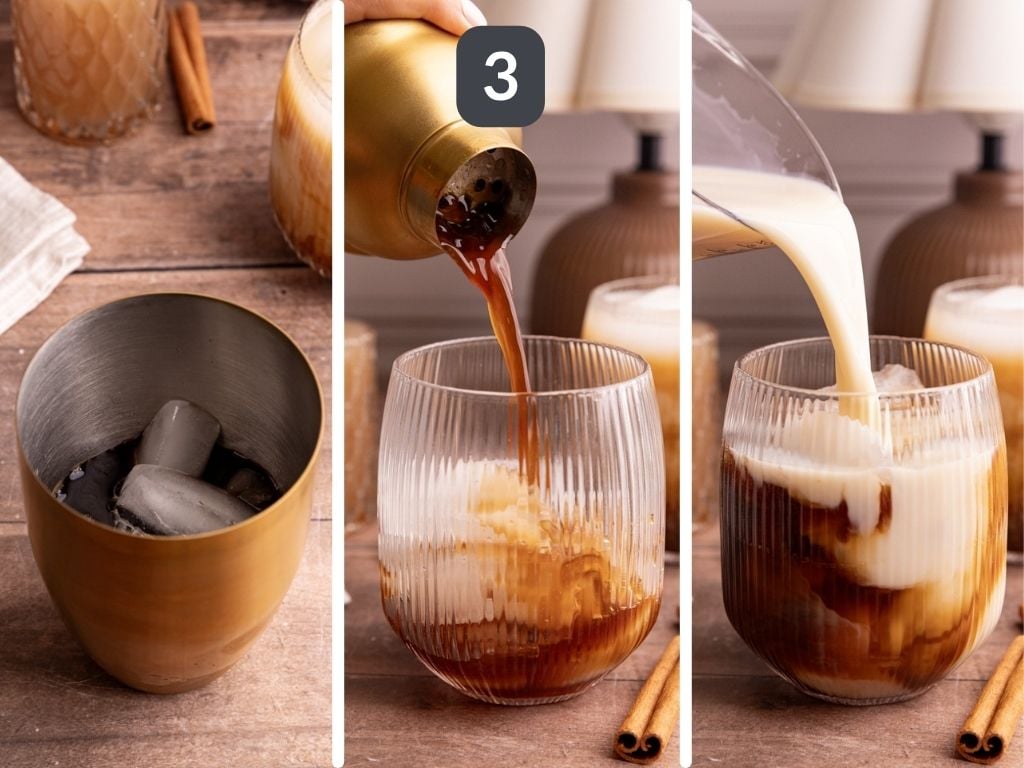 Horchata shaken espresso step 3 - shake the espresso and syrup, pour over ice, then top with milk.