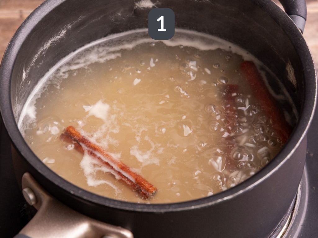 Horchata syrup step 1 - boil the water, sugar, cinnamon, and rice.