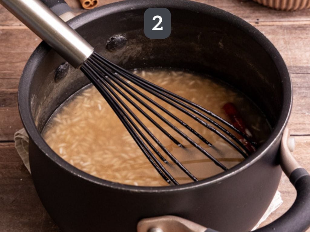 Horchata syrup step 2 - remove from the heat and stir in the vanilla and almond.