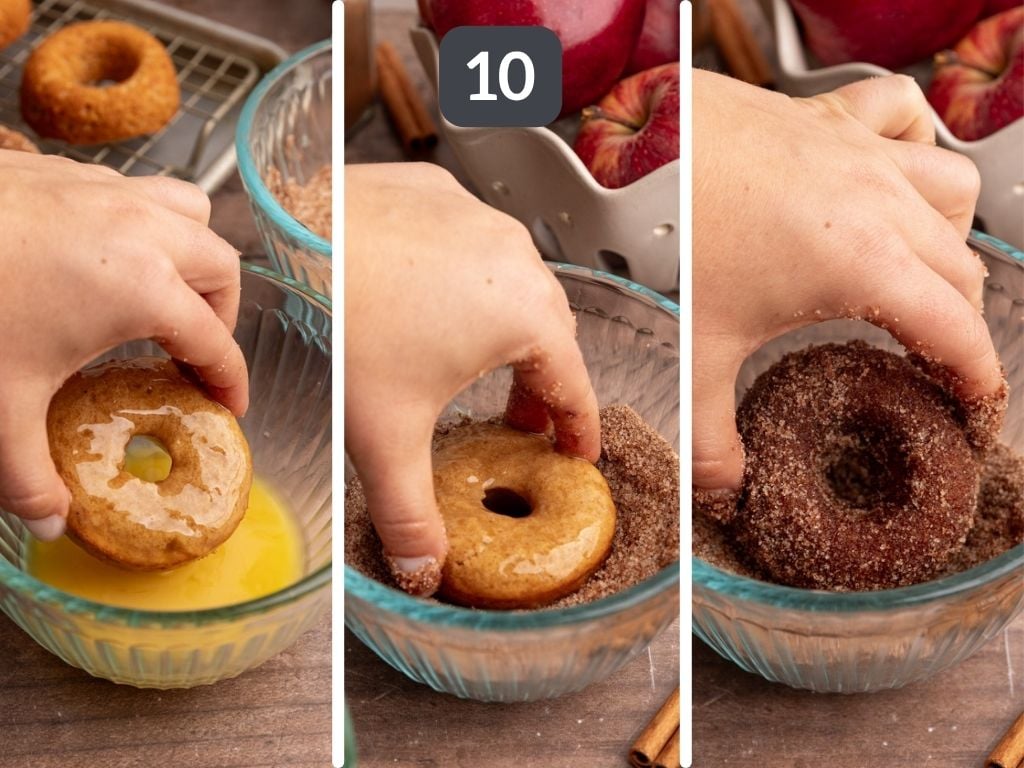 Vegan apple cider cake donuts step 10 - dip each donut in butter then in the cinnamon sugar.