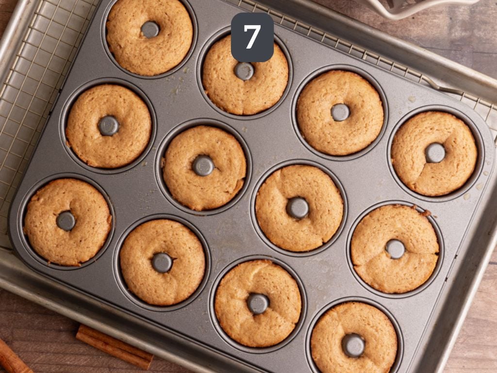 Vegan apple cider cake donuts step 7 - bake and let cool a few minutes.