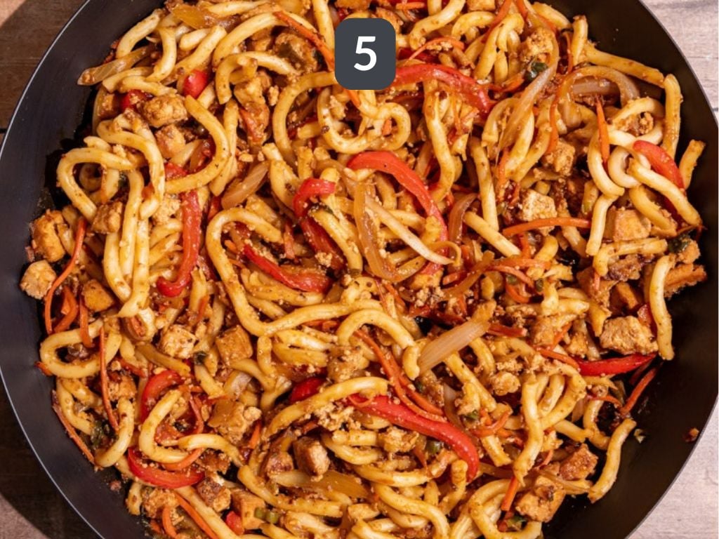 Vegan Sesame Noodles Step 5 - toss the tofu, noodles, and vegetables.