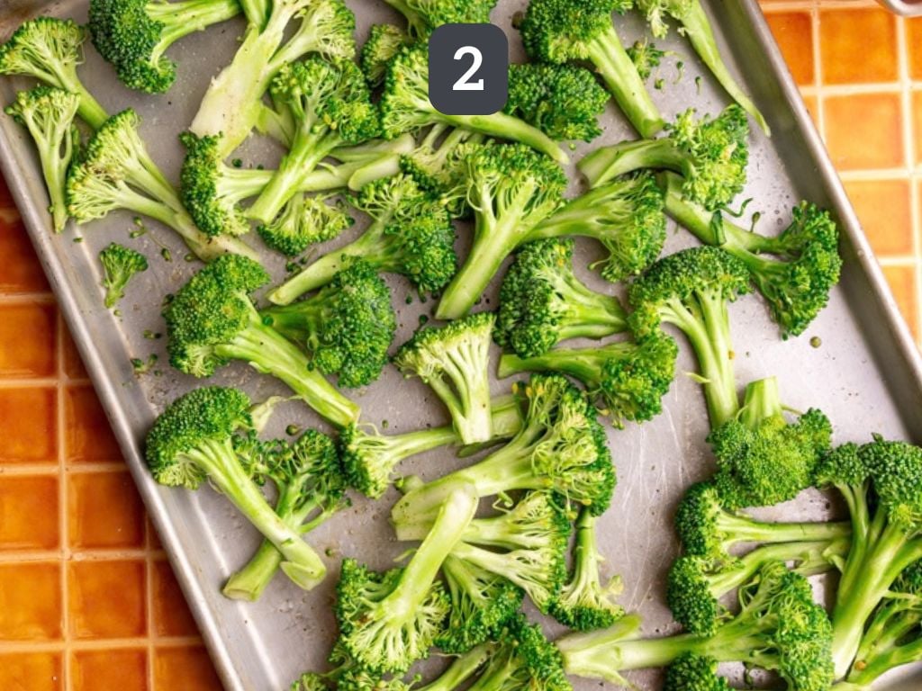 Bibibop sesame broccoli step 2 - toss with oil, salt, and pepper.