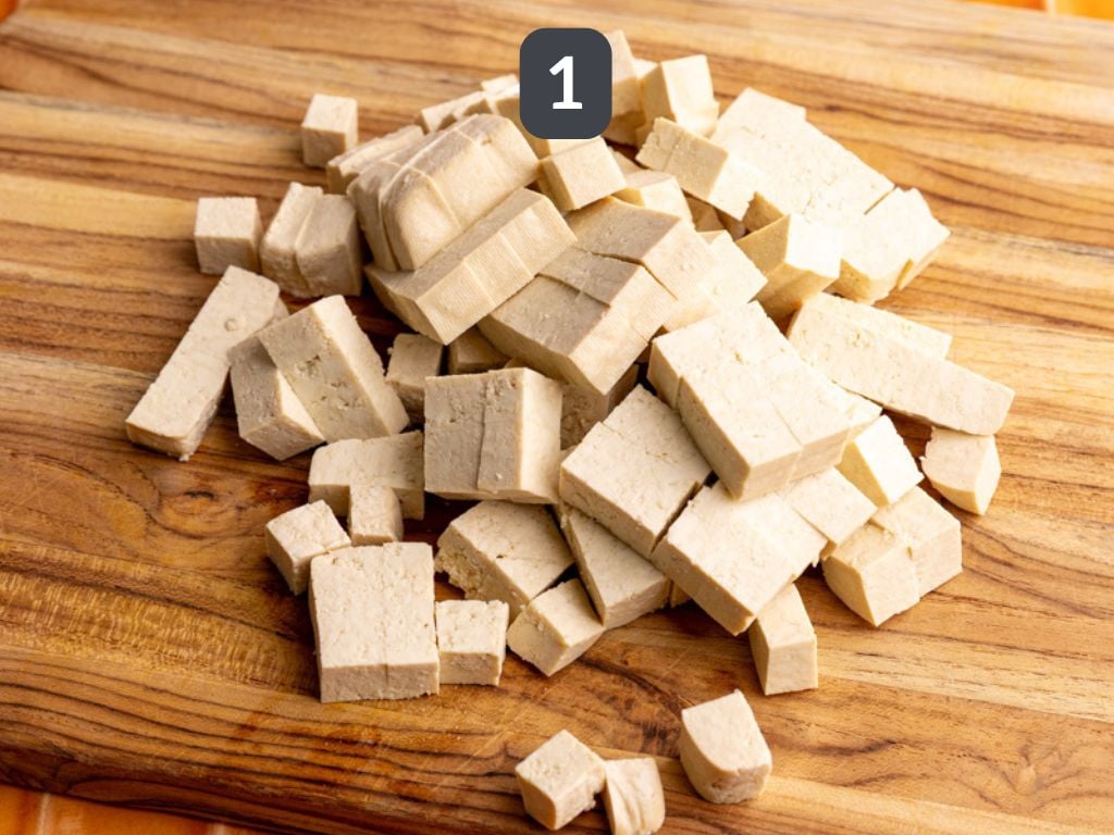 Bibibop style tofu step 1 - cube the tofu.
