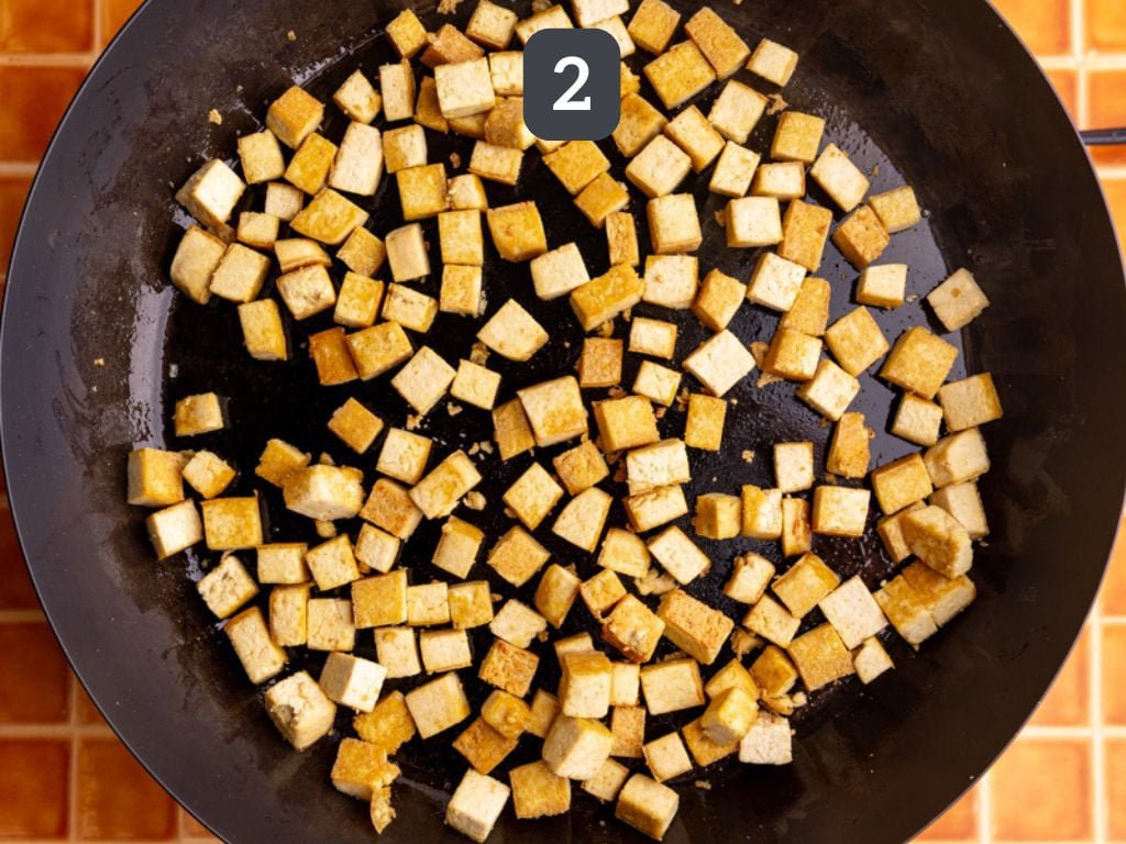 Bibibop style tofu step 2 - pan-cook the tofu until golden.