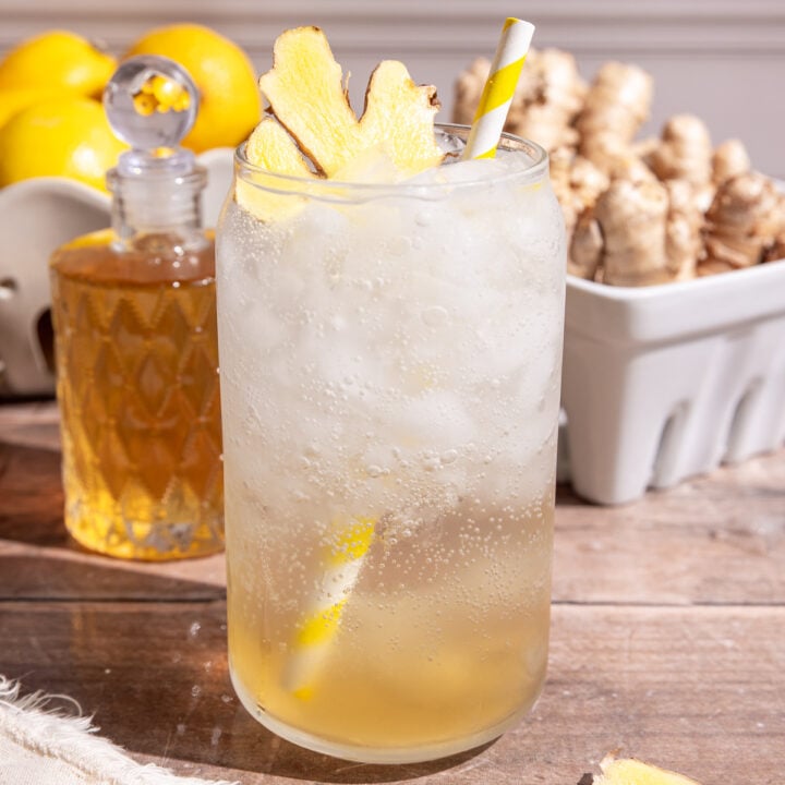 A glass of homemade ginger ale, garnished with a slice of fresh ginger.