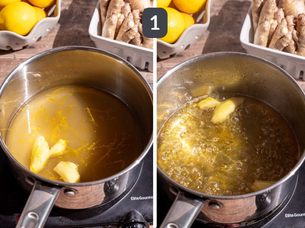 Homemade ginger ale step 1 - heat the ingredients.