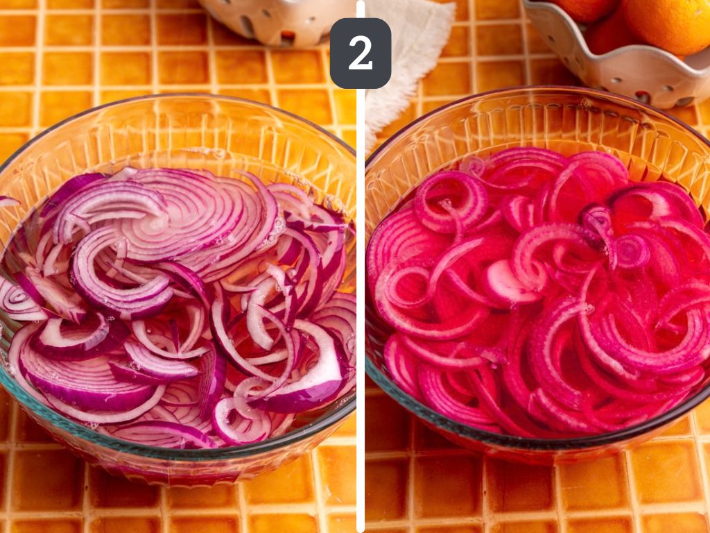 Homemade pickled red onions step 2 - add the remaining ingredients.