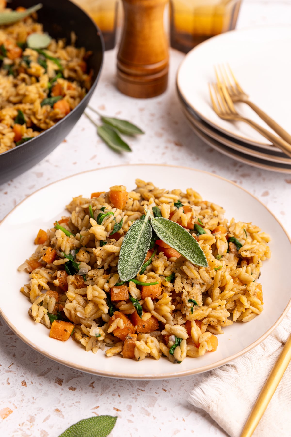 A plate of vegan baked sweet potato orzo.