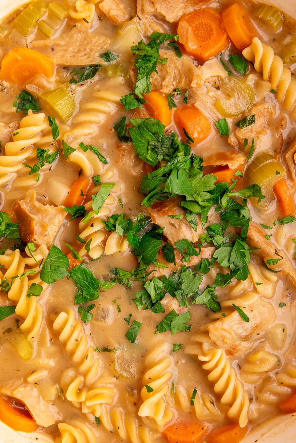 A pot of freshly cooked vegan creamy chicken noodle soup.