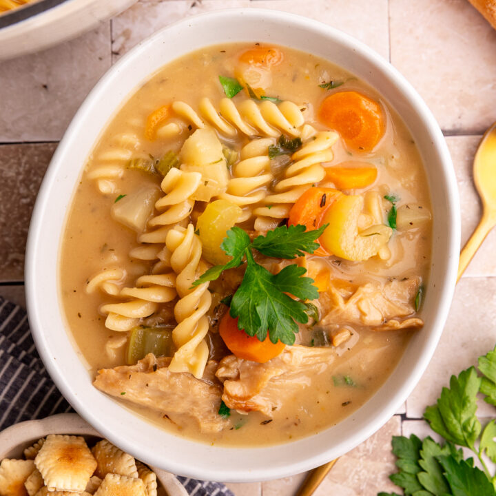 A bowl of vegan creamy chicken noodle soup, garnished with parsley.