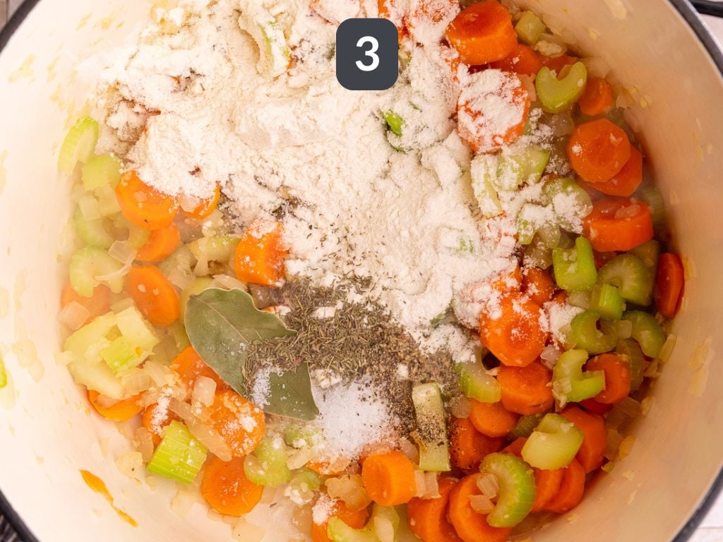 Vegan Creamy Chicken Noodle Soup Step 3 - add the flour and herbs.