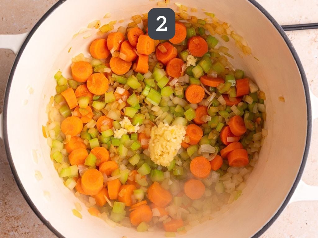 Vegan Harvest Vegetable Soup Step 2 - add the garlic.